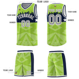 Custom Neon Green Personalized City Silhouette Pattern Sports Uniform Basketball Jersey
