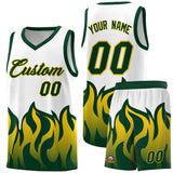 Custom White Hunter Green Hem Flame Pattern Fashion Sports Uniform Basketball jersey