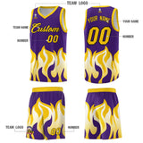 Custom Purple Gold Hem Flame Pattern Fashion Sports Uniform Basketball jersey