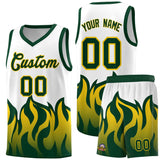 Custom White Hunter Green Hem Flame Pattern Fashion Sports Uniform Basketball jersey