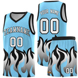 Custom Light Blue Black Hem Flame Pattern Fashion Sports Uniform Basketball jersey