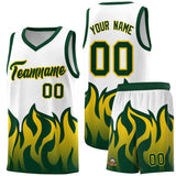 Custom White Hunter Green Hem Flame Pattern Fashion Sports Uniform Basketball jersey