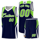 Custom Navy Neon Green and White Color Block Sports Uniform Basketball Jersey