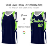 Custom Navy Neon Green and White Color Block Sports Uniform Basketball Jersey