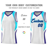 Custom White Sky Blue and Royal Color Block Sports Uniform Basketball Jersey