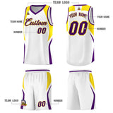 Custom White Gold and Purple Color Block Sports Uniform Basketball Jersey