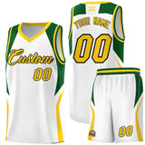 Custom White Hunter Green and Gold Color Block Sports Uniform Basketball Jersey