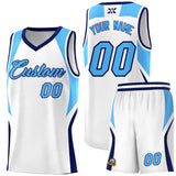 Custom White Powder Blue and Navy Color Block Sports Uniform Basketball Jersey