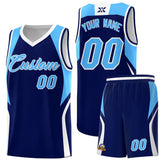 Custom Navy Powder Blue and White Color Block Sports Uniform Basketball Jersey