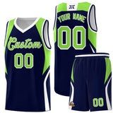 Custom Navy Neon Green and White Color Block Sports Uniform Basketball Jersey