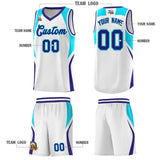 Custom White Sky Blue and Royal Color Block Sports Uniform Basketball Jersey