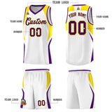 Custom White Gold and Purple Color Block Sports Uniform Basketball Jersey