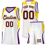 Custom White Gold and Purple Color Block Sports Uniform Basketball Jersey