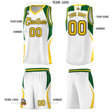 Custom White Hunter Green and Gold Color Block Sports Uniform Basketball Jersey