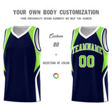 Custom Navy Neon Green and White Color Block Sports Uniform Basketball Jersey