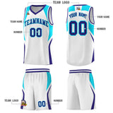 Custom White Sky Blue and Royal Color Block Sports Uniform Basketball Jersey