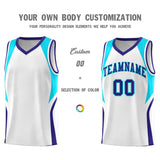 Custom White Sky Blue and Royal Color Block Sports Uniform Basketball Jersey