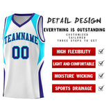 Custom White Sky Blue and Royal Color Block Sports Uniform Basketball Jersey