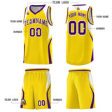 Custom Gold White and Purple Color Block Sports Uniform Basketball Jersey