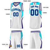 Custom White Sky Blue and Royal Color Block Sports Uniform Basketball Jersey