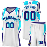 Custom White Sky Blue and Royal Color Block Sports Uniform Basketball Jersey