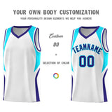 Custom White Sky Blue and Royal Color Block Sports Uniform Basketball Jersey