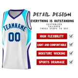 Custom White Sky Blue and Royal Color Block Sports Uniform Basketball Jersey