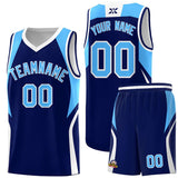 Custom Navy Powder Blue and White Color Block Sports Uniform Basketball Jersey
