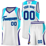 Custom White Sky Blue and Royal Color Block Sports Uniform Basketball Jersey