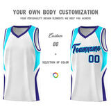Custom White Sky Blue and Royal Color Block Sports Uniform Basketball Jersey