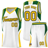Custom White Hunter Green and Gold Color Block Sports Uniform Basketball Jersey