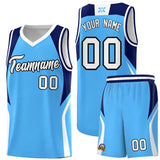 Custom Powder Blue Navy and White Color Block Sports Uniform Basketball Jersey