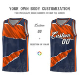 Custom Midnight Blue Orange-Black Tear Graffiti Pattern Sports Uniform Basketball Jersey