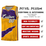 Custom Yellow Purple-Black Tear Graffiti Pattern Sports Uniform Basketball Jersey