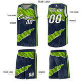Custom Navy Neon Green-Black Tear Graffiti Pattern Sports Uniform Basketball Jersey