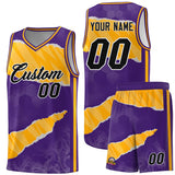 Custom Purple Yellow-White Tear Graffiti Pattern Sports Uniform Basketball Jersey
