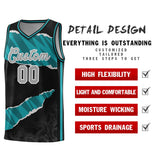 Custom Black Aqua-Black Tear Graffiti Pattern Sports Uniform Basketball Jersey