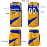Custom Yellow Royal-Navy Tear Graffiti Pattern Sports Uniform Basketball Jersey