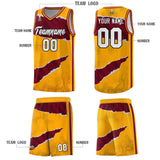 Custom Yellow Crimson-Black Tear Graffiti Pattern Sports Uniform Basketball Jersey