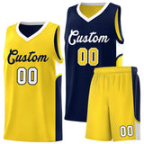 Custom Navy Gold Side U-shaped Patttern Double Side Sports Uniform Basketball Jersey