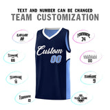 Custom Navy Light Blue Side U-shaped Patttern Double Side Sports Uniform Basketball Jersey