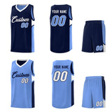 Custom Navy Light Blue Side U-shaped Patttern Double Side Sports Uniform Basketball Jersey