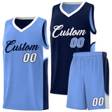 Custom Navy Light Blue Side U-shaped Patttern Double Side Sports Uniform Basketball Jersey