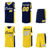 Custom Navy Gold Side U-shaped Patttern Double Side Sports Uniform Basketball Jersey