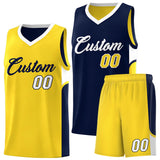 Custom Navy Gold Side U-shaped Patttern Double Side Sports Uniform Basketball Jersey