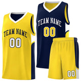 Custom Navy Gold Side U-shaped Patttern Double Side Sports Uniform Basketball Jersey