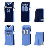 Custom Navy Light Blue Side U-shaped Patttern Double Side Sports Uniform Basketball Jersey