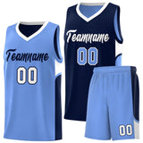 Custom Navy Light Blue Side U-shaped Patttern Double Side Sports Uniform Basketball Jersey