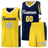Custom Navy Gold Side U-shaped Patttern Double Side Sports Uniform Basketball Jersey