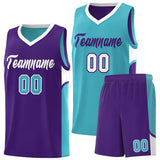 Custom Sky Blue Purple Side U-shaped Patttern Double Side Sports Uniform Basketball Jersey